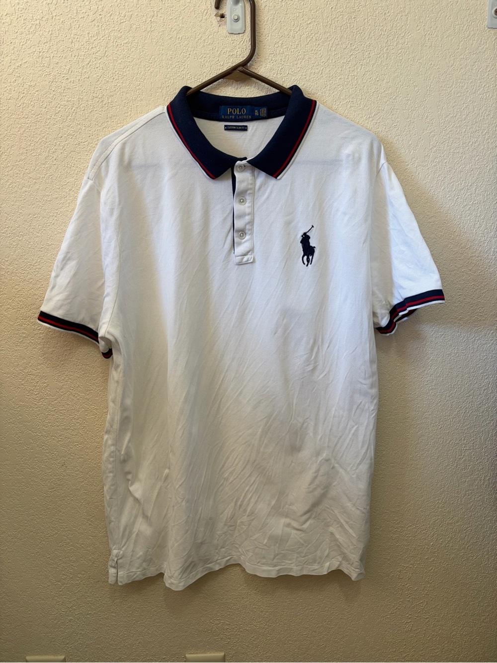 Polo Ralph Lauren Custom Slim Fit Polo Shirt XL White Big Pony Navy Red Trim